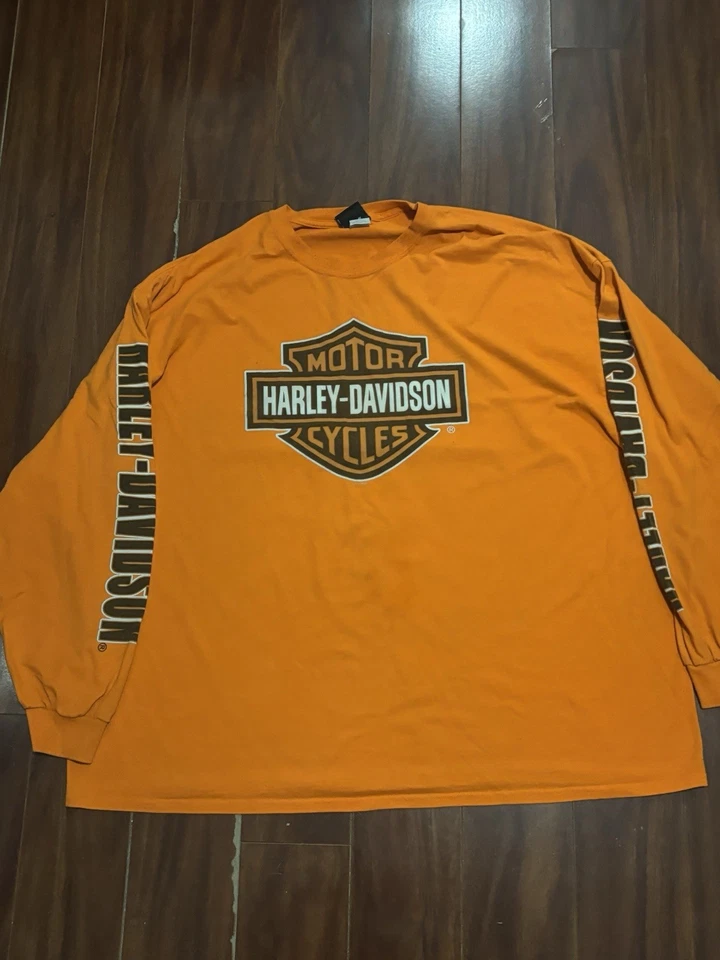 Vintage Y2k Harley davidson Orange Long Sleeve Shirt Skull 4XL Grunge - Image 3 of 4