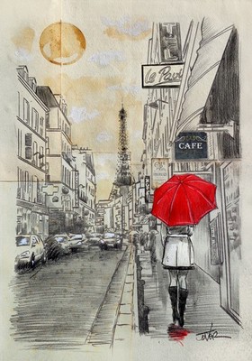To Paris Again by Loui Jover Art Print Red Umbrella France French Poster 16x22