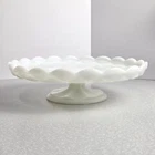Diamond Milk Glass Footed Cake Dessert Stand 11" Scallop Edge Plate Vintage