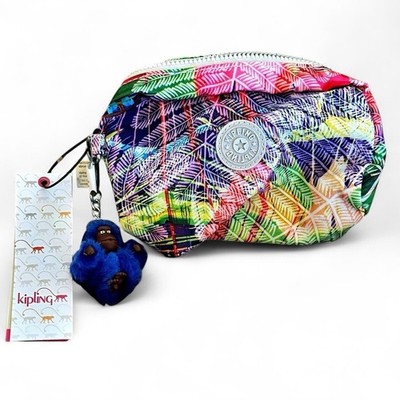 Kipling Multicolored Cosmetic Zip Pouch Small With Blue Monkey Key Chain NWT