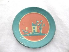 Vintage Miniature Pink and Blue Tin Litho Plate House Tree and Flower XW  NR 