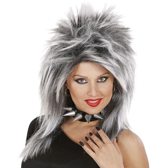 Adult 1980s Rock Star SilverAnd Black Wig