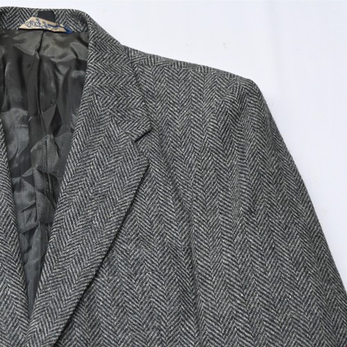 Vtg USA Made 44L Gray Herringbone Tweed Wool Mens Blazer Suit Jacket Sport Coat - Picture 2 of 12
