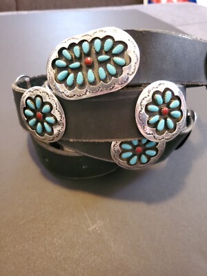 Vintage Zuni Sterling Silver Concho Belt Turquoise & Coral  display picture 1