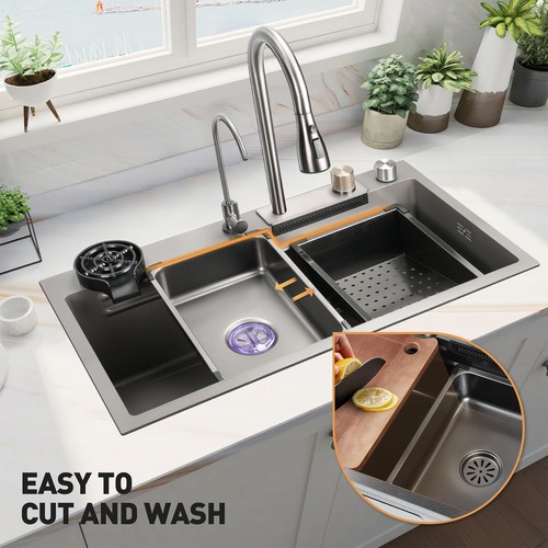 Waterfall Kitchen Sink Drop In Single Bowl, Gray 304 Stainless Steel Workstation - Picture 4 of 7
