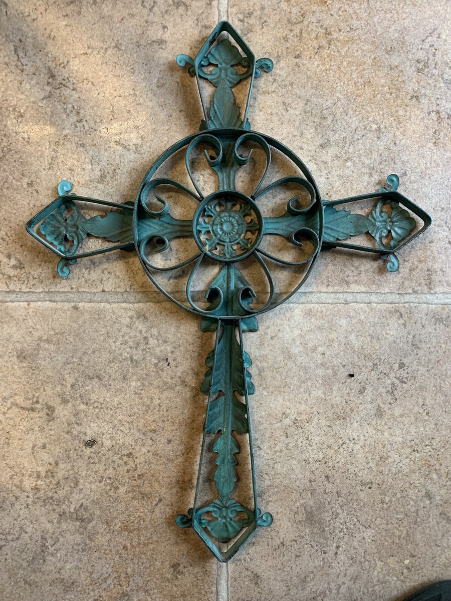 Wrought Iron Cross Wall Decor Handcrafted Signed Wood &amp; Wrought Iron