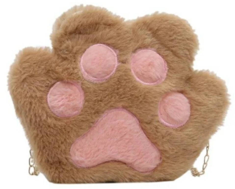 Faux Fur Cat Paw Purse Fluffy kawaii bag cross body chain zipper pocket kitten - Image 2 of 4