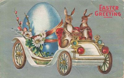 c1910 Old World Rabbit Couple Driving Car Huge Egg Fantasy Easter P48
