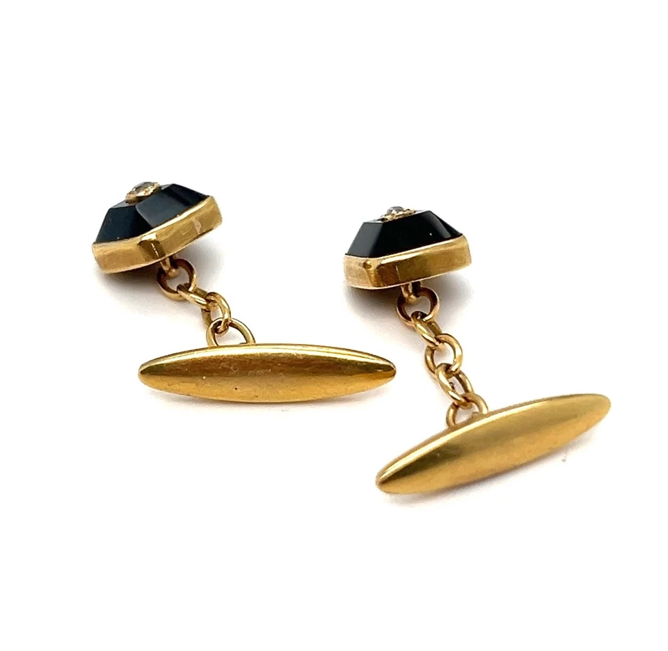 ANTIGUOS GEMELOS ART DECO ESTILO BOTÓN ÓNIX DIAMANTE ACENTO ORO CEPILLADO 14K Foto 4 de 4