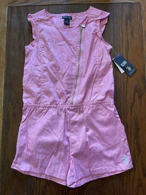 US Polo Assn Girls 10 Asymmetrical Zip Front and Short Romper Prism Pink Sparkle