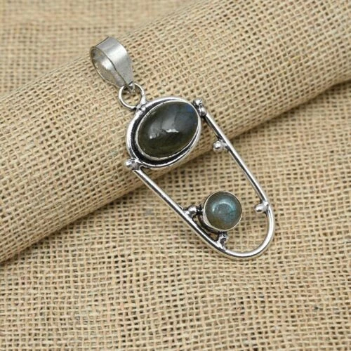 Belleza Piedra Labradorita 925 Plata de Ley Hecho a Mano Colgante - Imagen 2 de 4