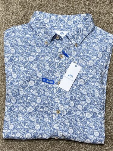 Southern Tide Mens Linen Button Up Shirt Large Blue Caps Off Sportshirt Bar Beer