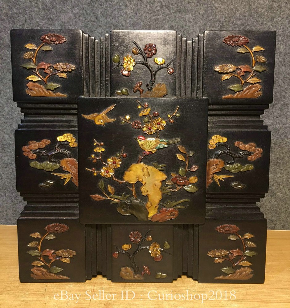 Caja de 9,6" antigua china con incrustaciones de palo de rosa talla flor pájaro 9 cuadrícula cuadrada