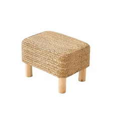 Ottoman Foot Stool Rectangular Footrest Natural Seagrass Footstool with Woode...