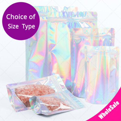 Multi-Size Clear Front Holographic Silver Back Foil Mylar Stand Up Zipper Bag