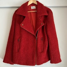 Ganni Xs Boucle Orange Red Wool Blend Teddy Moto Zip Up Oversized Coat Jacket