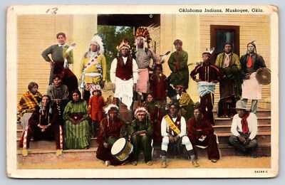 Muskogee Oklahoma~Group on Native Americana Indians~Drums~1939 Linen Postcard