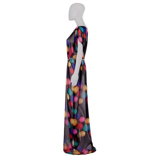 abito donna vestito alta moda caftano chiffon trasparente seta pois nero curvy - Foto 3 di 24
