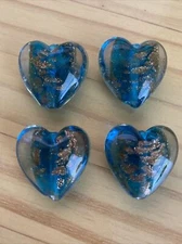 4 TURQUOISE BLUE GOLD SAND HEART 3D Puffy 28mm  LAMPWORK GLASS -jewelry beads