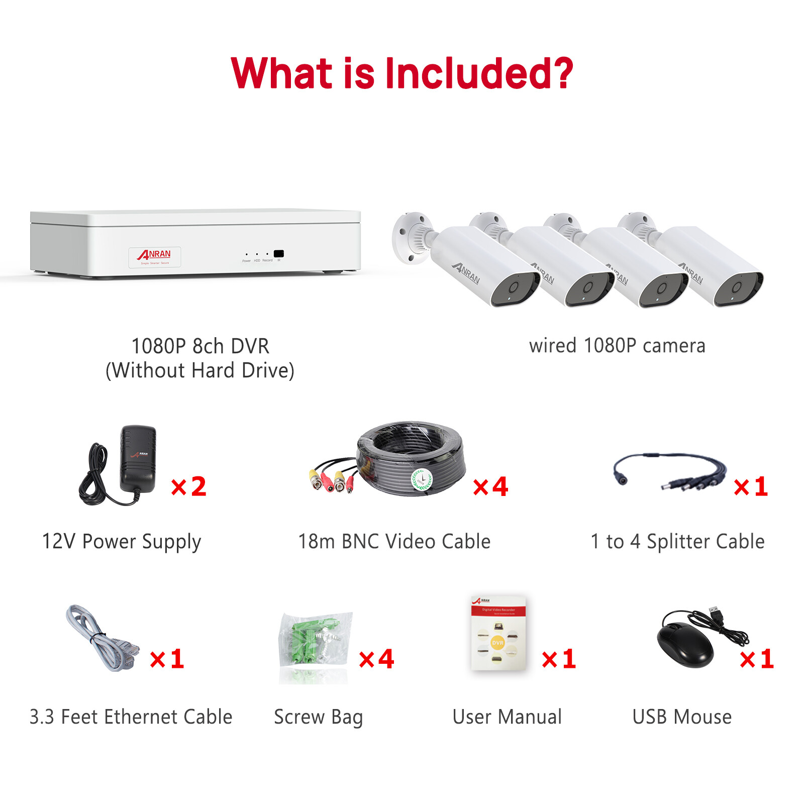 ANRAN Wired CCTV Security Camera System HDMI AHD 1080P 8CH DVR Night Vision
