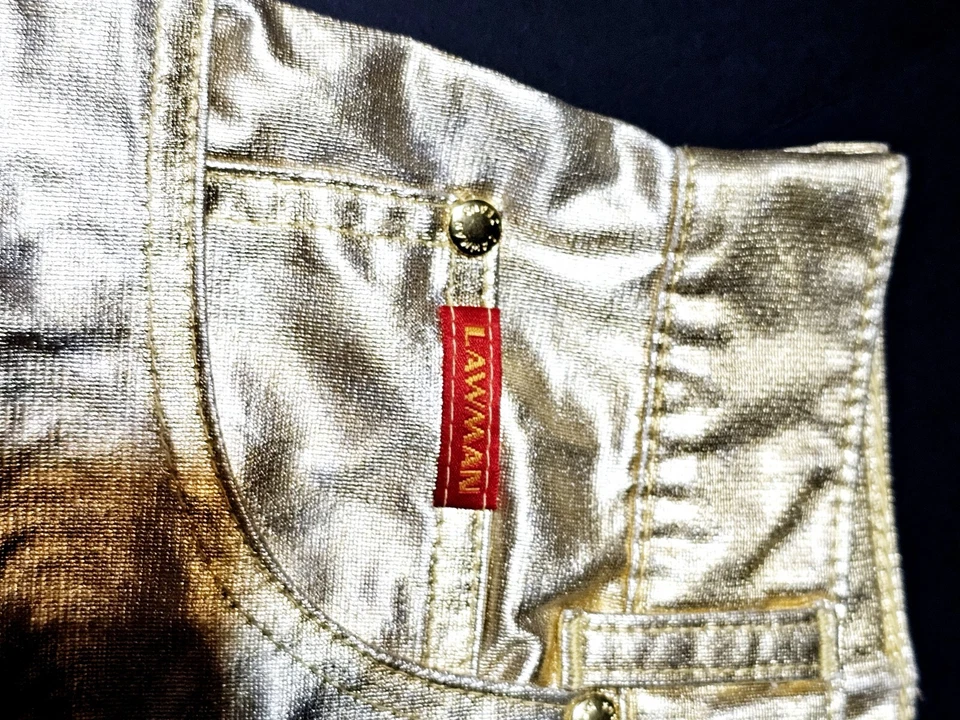 Calça discoteca vintage década de 1990 Lawman ouro/prata metálica cintura alta, rodeio - Imagem 3 de 4