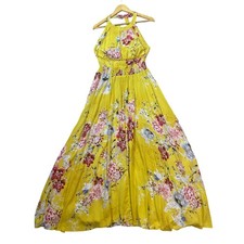 Jaase Yellow Floral Halter Maxi Dress XL Crochet Smocked Vacay Tropical Boho