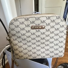 Michael Kors Beige/Brown Monogram Crossbody Bag Zip, Strap, Gold Hardware