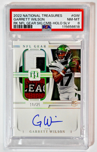 2022 National Treasures Garrett Wilson Rookie Combos Patch Silver Auto /25 PSA 8