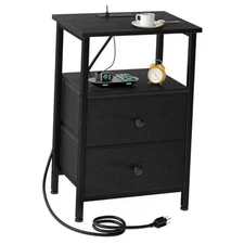 Night Stand, Nightstand with Charging Station, End Table with Black Two-drawer
