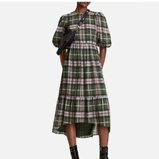 AllSaints Sadie Check Hi-Low Puff Sleeve Midi Dress | Feminine Grunge | Size 0