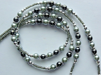 CLASSY GRAY GLASS BEADS SILVER FLOWER BEADED LANYARD ID BADGE HOLDER NECKLACE