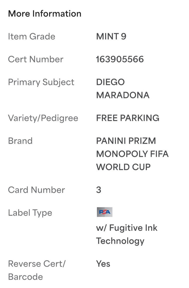 PSA 9 Mint Diego Maradona FREE PARKING Prizm SSP 2026 FIFA World Cup Monopoly view 4