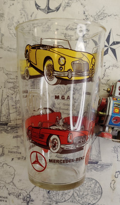 Vtg Sports Cars Clear High Ball Drink Glass Red/Yellow Mercedes Jaguar Maserati