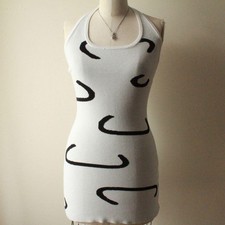 Black & White Cider Geometric Knit Halter Mini Dress, Body-Hugging Retro Style