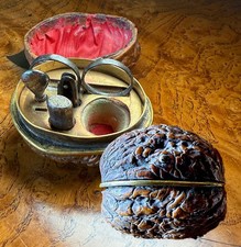 Antique French 19th c. Petit Novelty Sewing Tools Etui, a Real Walnut, Knife ++