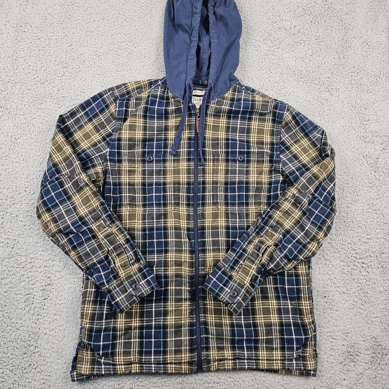 LL Bean Hooded Shirt Jacket Mens Medium Plaid Lined Zip Slightly Fitted 502834