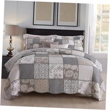Rose Floral Patchwork Quilts Cotton Size Quilted Comforter Set Queen Grey
