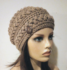 crochet handmade womans hat beanie taupe brown puffs USA