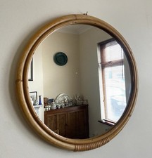Vintage 1970s tiki boho round bamboo frame hanging wall mirror