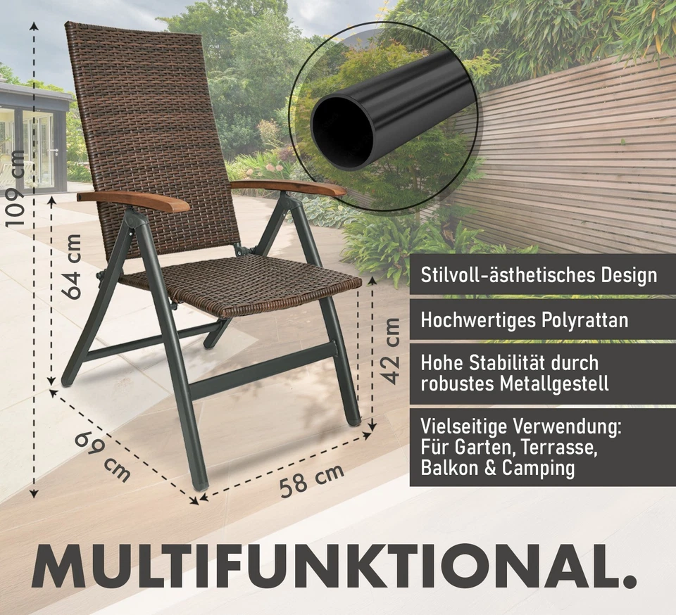 Gartenstuhl Hochlehner Stühle Rattan Klappstuhl Faltstuhl Campingstuhl Garten - Bild 3 von 4