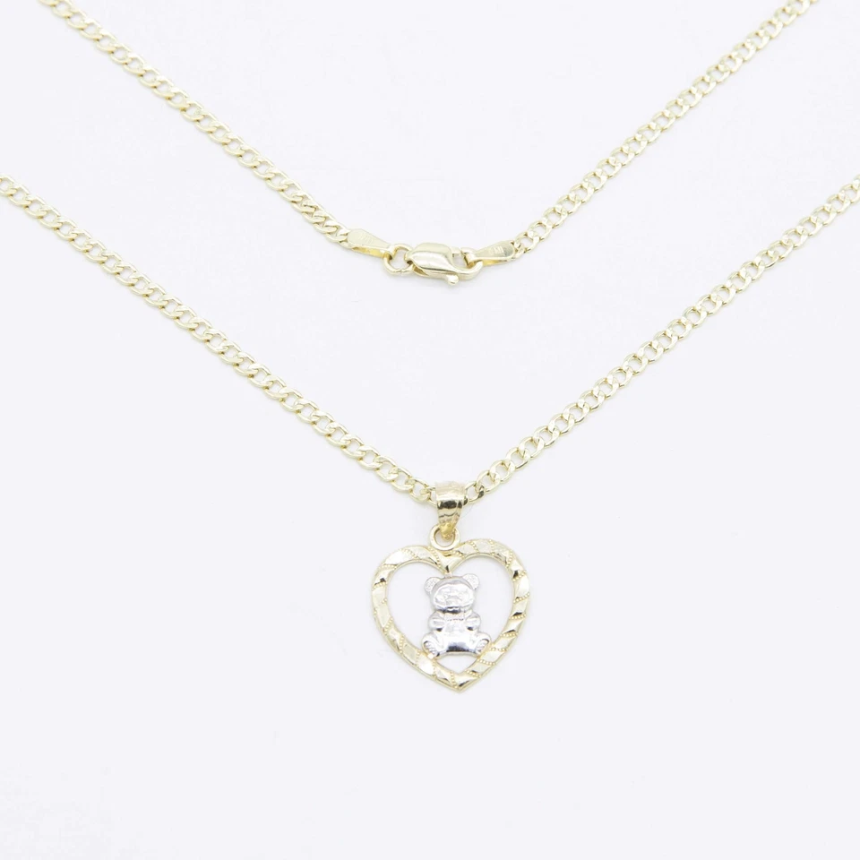 3/4" Teddy Bear in Heart Pendant Necklace Real 10K Yellow White Gold - Image 4 of 4