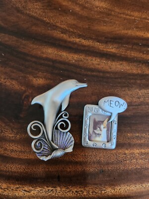 Vintage JJ Dolphin & Cat Brooches Free Shipping 