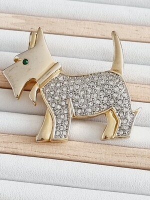 Broche Chien Strass GEOU LIH Créateur - Occasion - Métal Doré - Bijou Vintage Et Kitsch