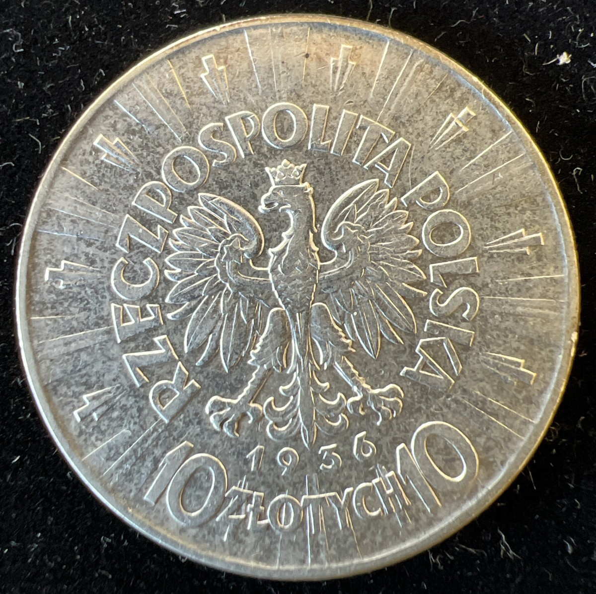 1936 POLAND Leader Jozef Pilsudski Eagle Vintage Silver 10 Zlotych