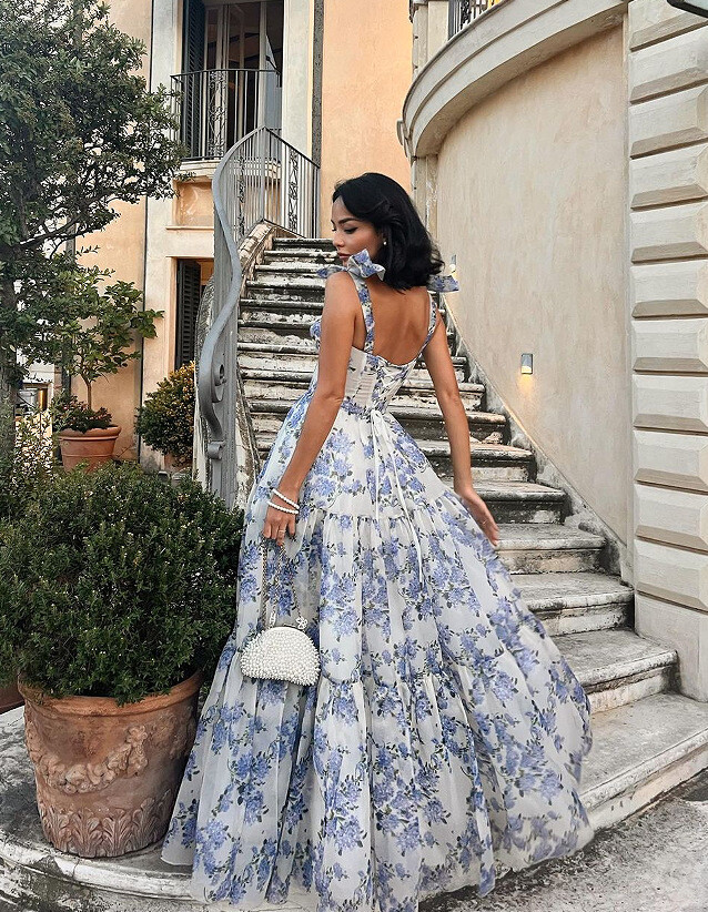 パーティードレス Printed Organdy Finished Dress Floral Off-the-shoulder Strap Lace-up Large Swing Skirt