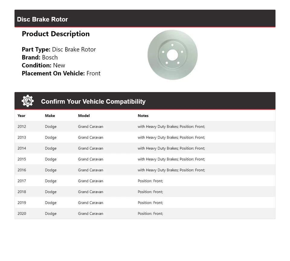 Para 2012-2020 Dodge Grand Caravan Bosch QuietCast rotor de freio a disco dianteiro 2013 - Imagem 2 de 4