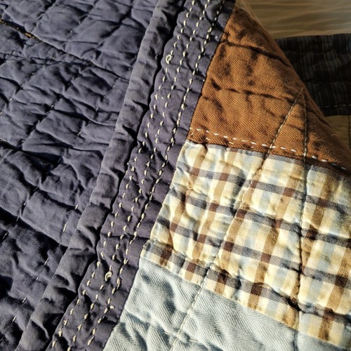 Pottery Barn Kids PBK Striped Patchwork Quilt Twin Size Navy Light Blue Brown - Picture 7 of 12