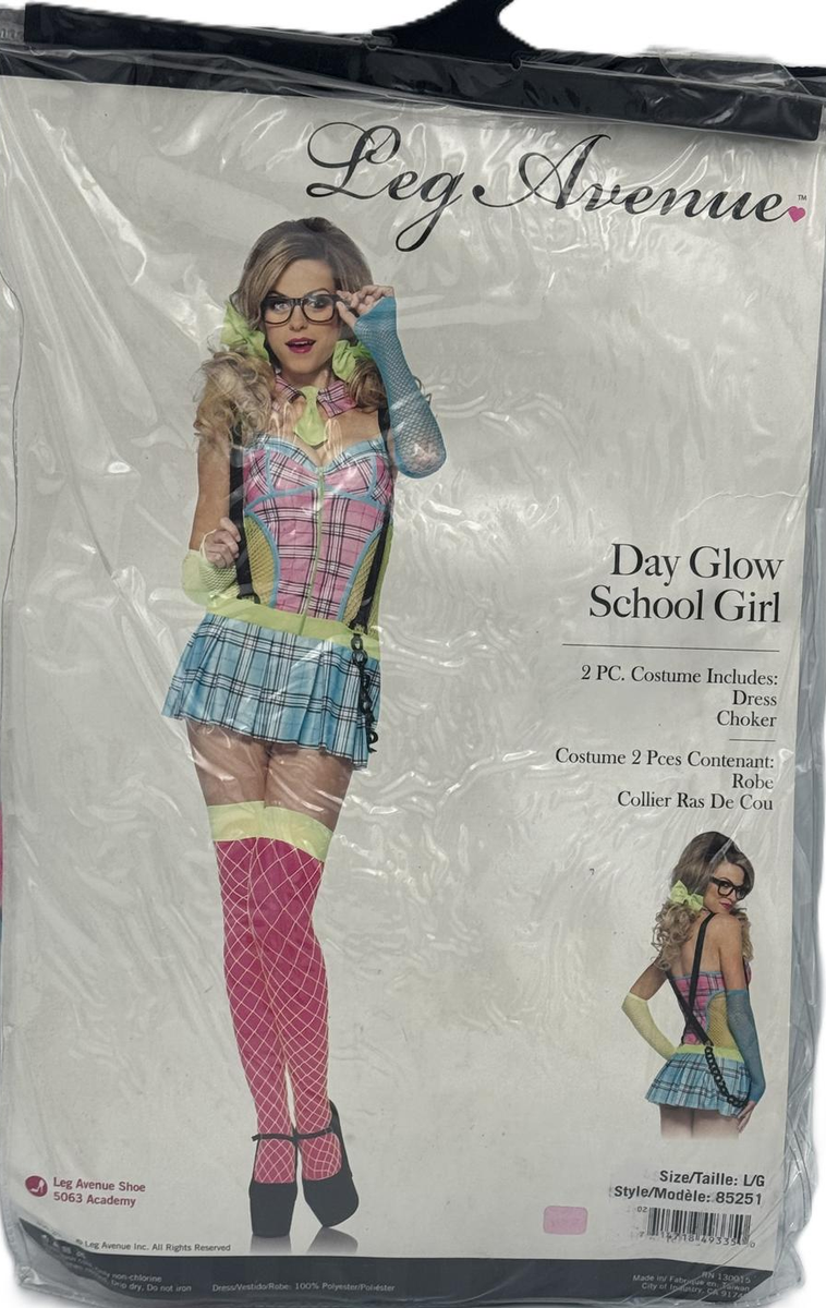 Day Glow School Girl Adult Women's Alluring 2 pc Costume, Multi