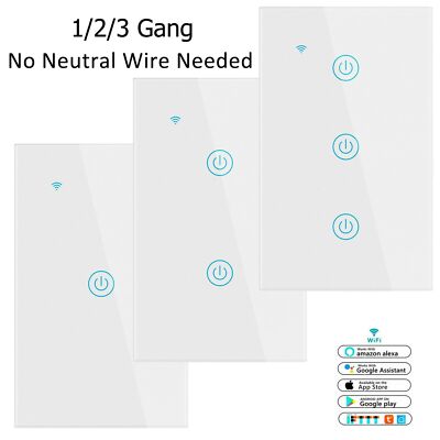 WiFi Smart Light Switch 1 2/3 Gang No Neutral Wire Required for Alexa Google APP