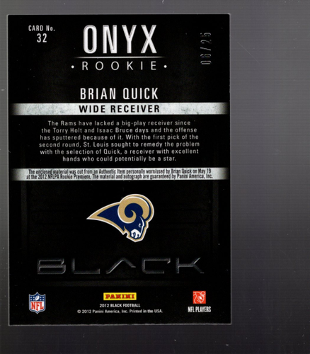 B2022- 2012 Panini Black Onyx Rookie Materials Signatures #32 Brian Quick /25 - Picture 2 of 2